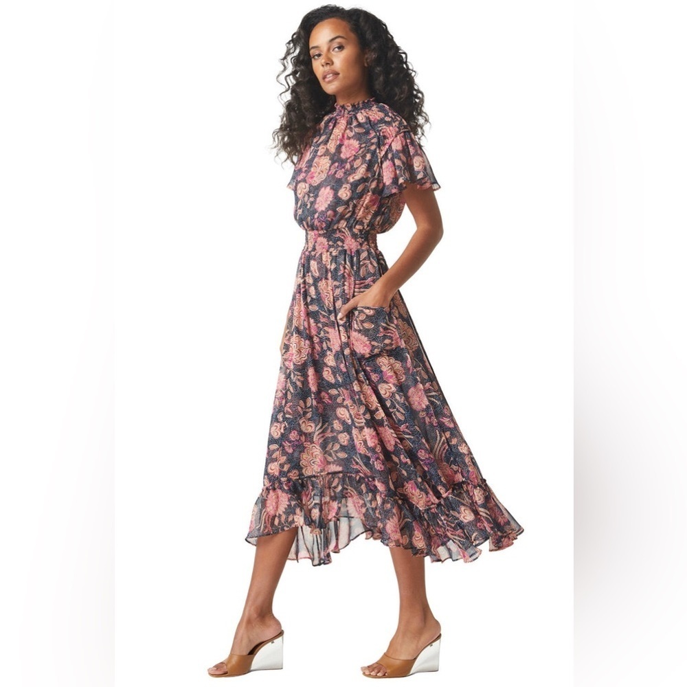 Misa Los Angeles Floral Midi Dress - Pink and Black